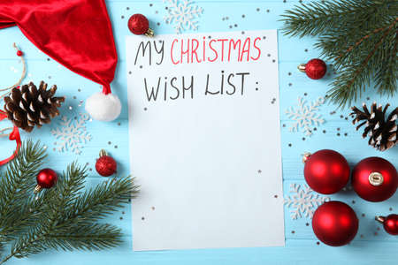 wish list for christmas and new year and christmas decor top viewの写真素材