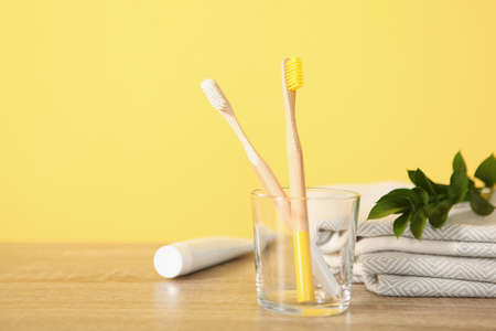 natural bamboo toothbrushes on the table. Oral and dental care.の写真素材