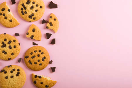Delicious cookies with chocolate chips on a colored backgroundの写真素材