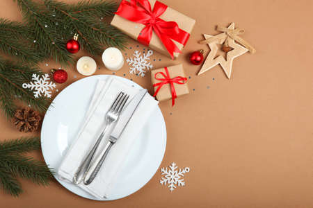 table setting for christmas or new year holiday top view. Mirimalism,