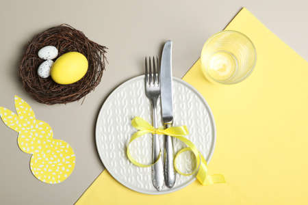 Beautiful easter table setting top view. Easter lunch.