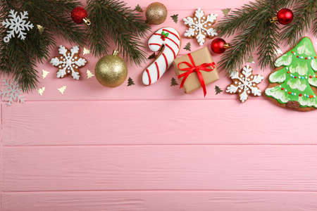 christmas cookies and christmas accessories top view.
