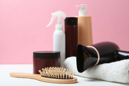 hair care products and a comb on the table.の写真素材