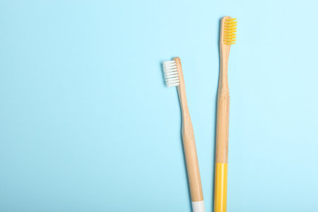 natural bamboo toothbrushes top view. Oral and dental care.の写真素材