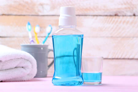 mouthwash on the table. Products to maintain oral cleanliness.の写真素材