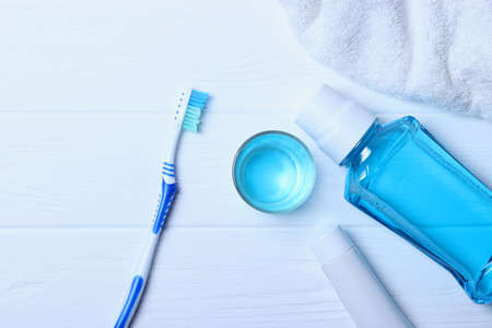 Flat composition for oral care and place for text on a light background.の写真素材