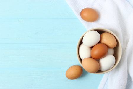 chicken eggs on a colored background. Farm products, natural eggs.