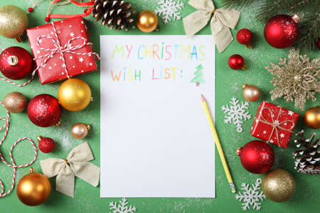 wish list for christmas and new year and christmas decor top viewの写真素材