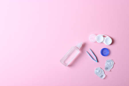 Lenses for vision correction and accessories for lenses on a colored background,