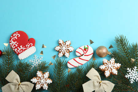 christmas cookies and christmas accessories top view.の写真素材