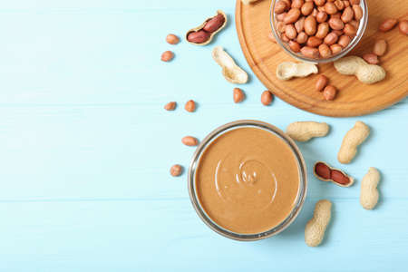 creamy peanut butter on the table. Peanut paste.