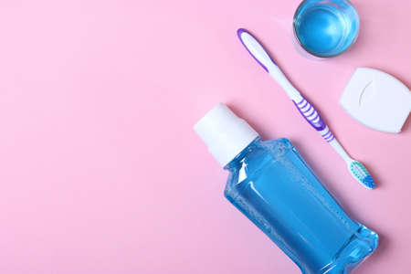 Flat composition for oral care and place for text on a light background.