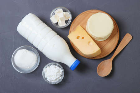 set of dairy products on the table top view.の写真素材