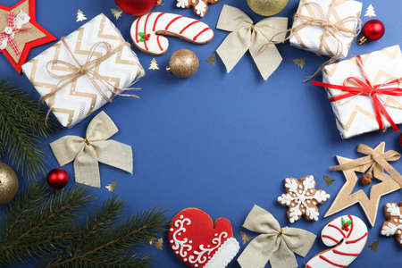 christmas cookies and christmas accessories top view.
