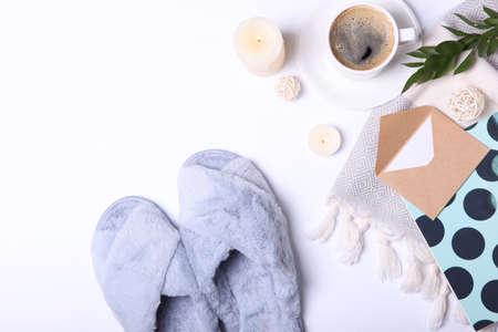 cozy composition with home slippers top view.の写真素材