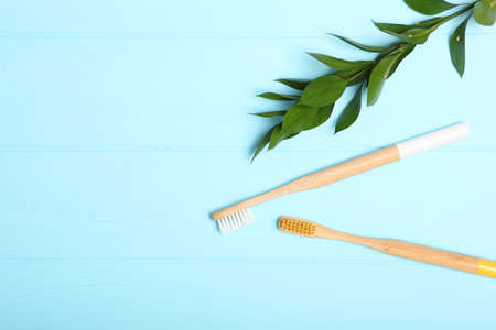natural bamboo toothbrushes top view. Oral and dental care.の写真素材