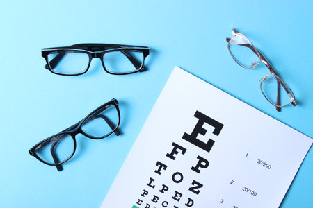 glasses and a table for checking eyesight on a colored background top view.