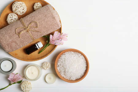 Beautiful spa composition on a table top view with place for text.