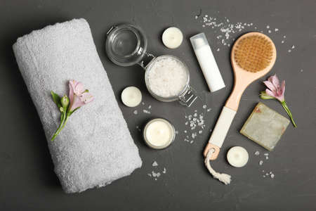 Beautiful spa composition on a table top view with place for text.の写真素材