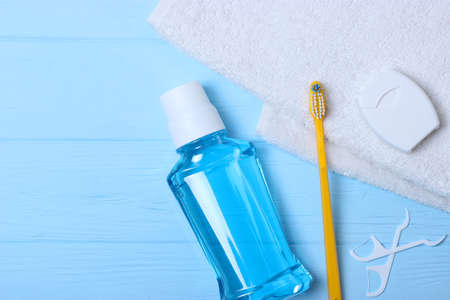 Flat composition for oral care and place for text on a light background.の写真素材