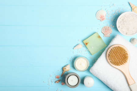 Beautiful spa composition on a table top view with place for text.の写真素材