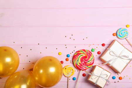 Flatlay composition with accessories for a party or birthdayの写真素材