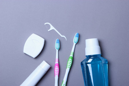 Flat composition for oral care and place for text on a light background.