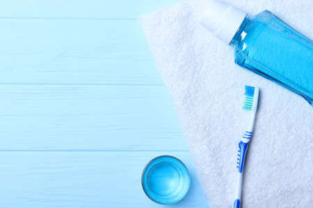 Flat composition for oral care and place for text on a light background.