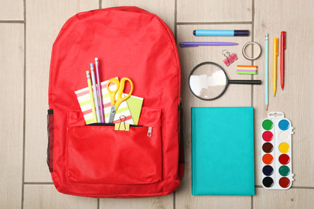 school backpack and school stationery top view.の写真素材