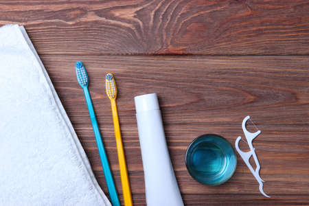 Flat composition for oral care and place for text on a light background.の写真素材