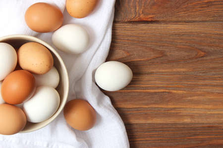 chicken eggs on the table. Farm products, natural eggs.