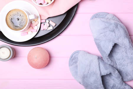 cozy composition with home slippers top view.の写真素材