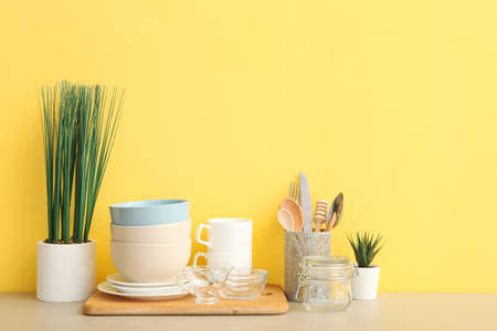 a set of tableware on the table.の写真素材