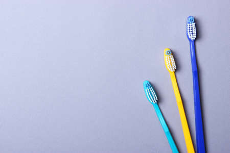Toothbrushes on a colored background top view. Oral hygiene.の写真素材