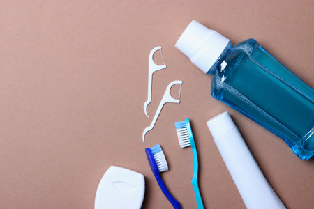 Flat composition for oral care and place for text on a light background.の写真素材