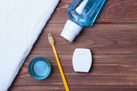 Flat composition for oral care and place for text on a light background.の写真素材