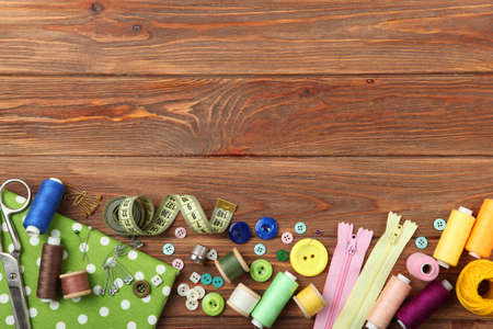 different sewing accessories on the table.の写真素材