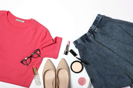 set of fashionable womens clothing and accessoriesの写真素材