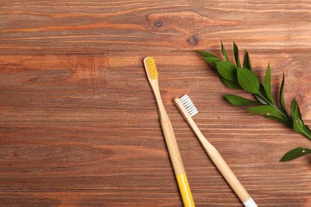 natural bamboo toothbrushes top view. Oral and dental care.の写真素材