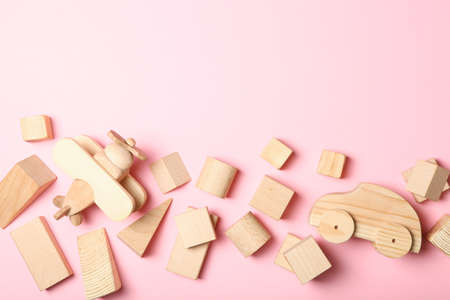 Set of different childrens toys on a colored background top view.の写真素材