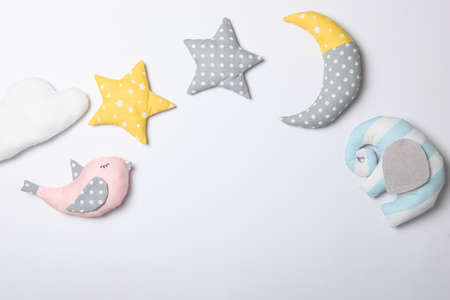 Set of different childrens toys on a colored background top view.の写真素材
