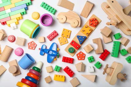 Set of different childrens toys on a colored background top view.の写真素材