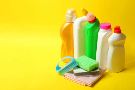 set of cleaning products on a colored background close-up with a place for textの写真素材