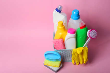 set of cleaning products on a colored background close-up with a place for textの写真素材