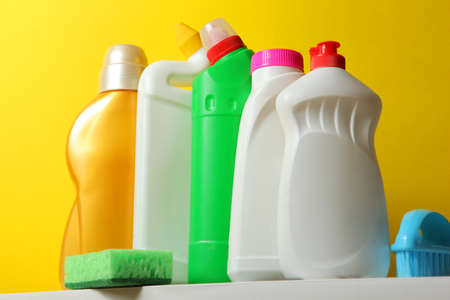 set of cleaning products on a colored background close-up with a place for textの写真素材