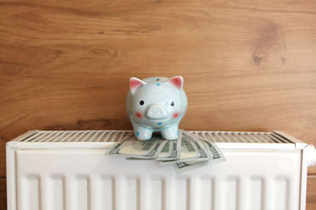 Pig piggy bank and dollar bills on a radiator indoors close-up. Heating concept.の写真素材