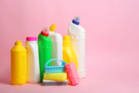 set of cleaning products on a colored background close-up with a place for textの写真素材