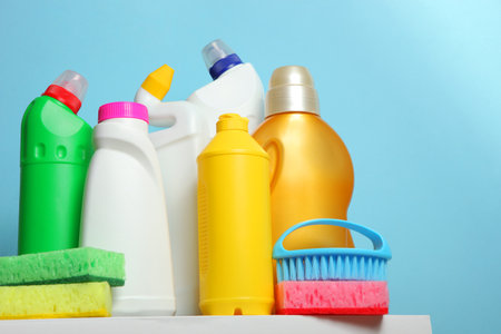 set of cleaning products on a colored background close-up with a place for textの写真素材