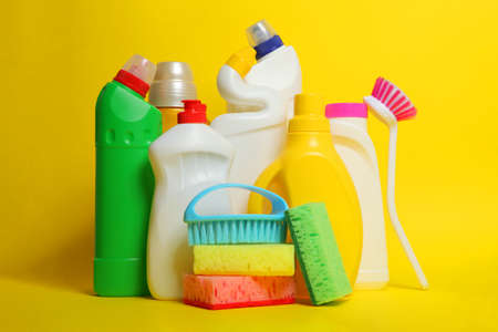 set of cleaning products on a colored background close-up with a place for textの写真素材