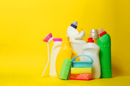 set of cleaning products on a colored background close-up with a place for textの写真素材